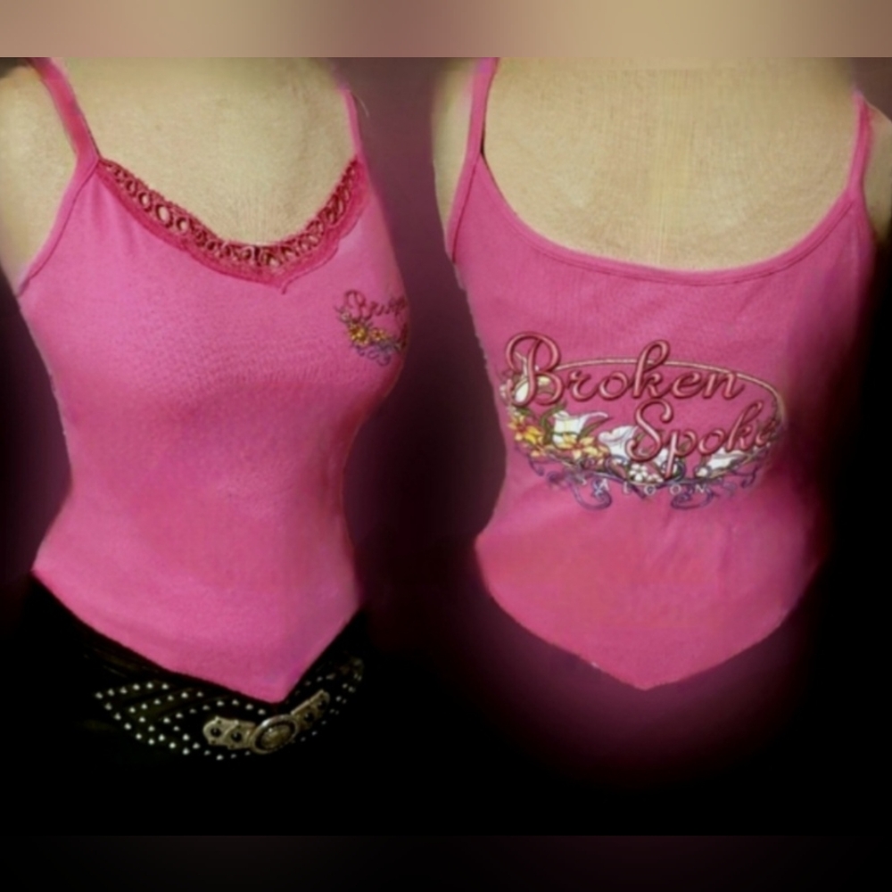 Vtg Y2K pink Broken Spoke saloon embroidered graphic cut out handkerchief tank M - Picture 3 of 17